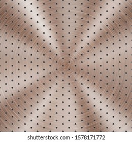Abstract shiny metal background in bronze color with circular brushed texture and hexagonal holes