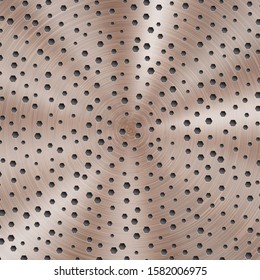 Abstract shiny metal background in bronze color with circular brushed texture and hexagonal holes