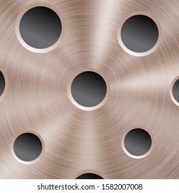 Abstract shiny metal background in bronze color with circular brushed texture and round holes