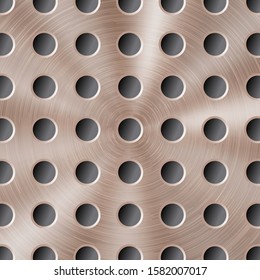 Abstract shiny metal background in bronze color with circular brushed texture and round holes