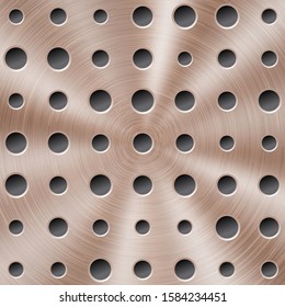 Abstract shiny metal background in bronze color with circular brushed texture and round holes