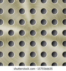 Abstract shiny metal background in golden color with circular brushed texture and round holes
