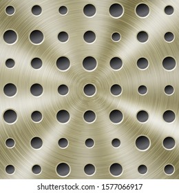 Abstract shiny metal background in golden color with circular brushed texture and round holes