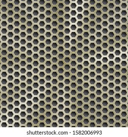 Abstract shiny metal background in golden color with circular brushed texture and hexagonal holes