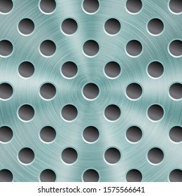 Abstract shiny metal background in light blue color with circular brushed texture and round holes