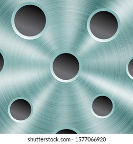 Abstract shiny metal background in light blue color with circular brushed texture and round holes