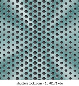 Abstract shiny metal background in light blue color with circular brushed texture and hexagonal holes