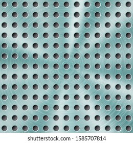 Abstract shiny metal background in light blue color with circular brushed texture and round holes