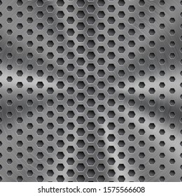 Abstract shiny metal background in silver color with circular brushed texture and hexagonal holes