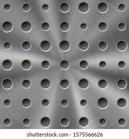 Abstract shiny metal background in silver color with circular brushed texture and round holes