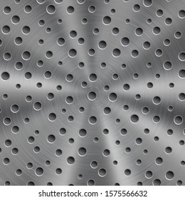 Abstract shiny metal background in silver color with circular brushed texture and round holes