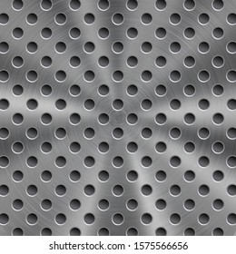 Abstract shiny metal background in silver color with circular brushed texture and round holes