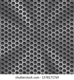 Abstract shiny metal background in silver color with circular brushed texture and hexagonal holes