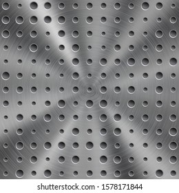 Abstract shiny metal background in silver color with circular brushed texture and round holes