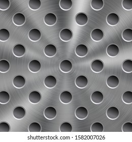 Abstract shiny metal background in silver color with circular brushed texture and round holes