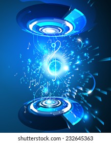 Abstract shiny musical note on blue background. futuristic vector