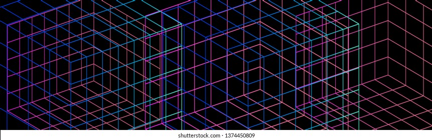 Abstract shiny neon grid on dark background. Sci-fi futuristic design template.