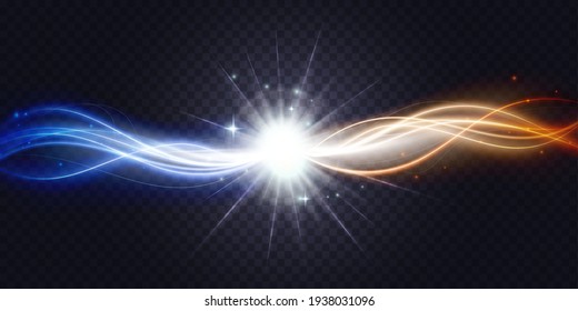 Abstract Shiny Orange Blue Color Waves Connect And Flow Vector Illustration. Magic Gold Luminous Wavy Curve Shapes Connecting And Glowing, Neon Swirl Glow Energy Lines On Transparent Black Background