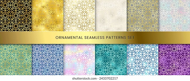 Abstrakter glänzender orientalischer geometrischer nahtloser Mustersatz. Vektor holografische, gold, grün, blau, rosa Farbverlauf Ornament Sammlung. Arabischer Stil traditionelle Textur für Hintergrund, Tapeten, Dekor.