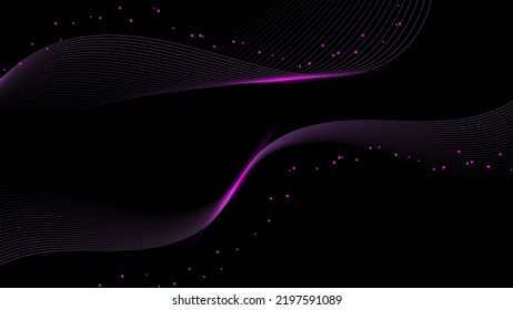 Abstract shiny purple wave lines elements with glowing light on black background luxury style. Vector graphic illustration.