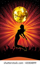 abstract shiny rays, wave background with hanging disco ball, jumping girl, excited audience