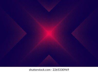 Abstract shiny red arrow pattern on blue background with glowing lights. Modern gradient geometric lines texture design. Halftone stripes. Futuristic technology concept. Vector illustration