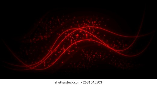 Abstract shiny red line waves isolated on a dark background.