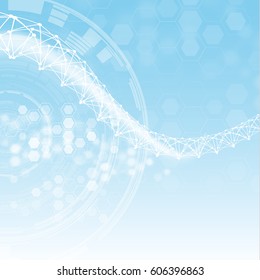 Abstract shiny science vector background with white wave and shiny hexagons.