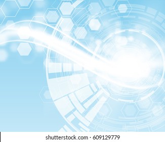 Abstract shiny science vector background with white wave, HUD shapes and shiny hexagons.