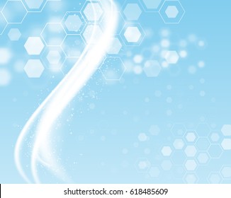 Abstract shiny science vector background with white wave and shiny hexagons.