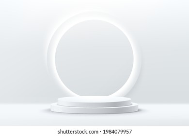 Abstract shiny silver cylinder pedestal podium. Sci-fi white empty room concept with circle glowing neon lighting. Vector rendering 3d shape, Product display presentation. Futuristic white wall scene.