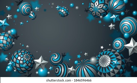 Abstract shiny spheres and stars vector background, composition of flying balls decorated with patterns of shiny gold, 3D mixed variety realistic globes with ornaments, with blank copy space.