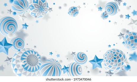 Abstract shiny spheres and stars vector background, composition of flying balls decorated with patterns of shiny gold, 3D mixed variety realistic globes with ornaments, with blank copy space.