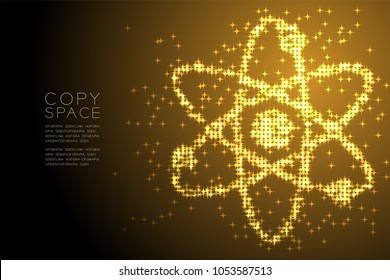 Abstract Shiny Star pattern Atom symbol shape, Science concept design Gold color illustration isolated on brown gradient background with copy space, vector eps 10