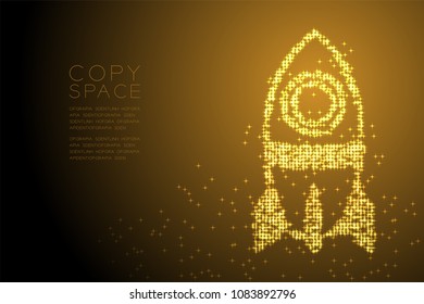Abstract Shiny Star pattern Cartoon Rocket spaceship shape, space exploration concept design gold color illustration isolated on brown gradient background with copy space, vector eps 10