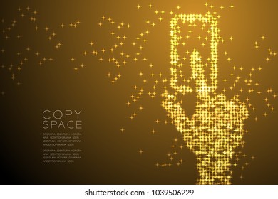 Abstract Shiny Star pattern Hand touch screen smartphone shape, concept design Gold color illustration isolated on brown gradient background with copy space, vector eps 10