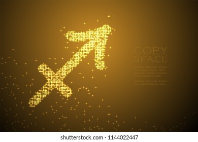 Abstract Shiny Star pattern Sagittarius Zodiac sign shape, star constellation concept design gold color illustration isolated on brown gradient background with copy space, vector eps 10