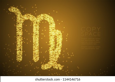 Abstract Shiny Star pattern Virgo Zodiac sign shape, star constellation concept design gold color illustration isolated on brown gradient background with copy space, vector eps 10