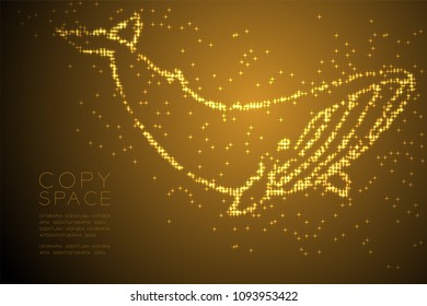 Abstract Shiny Star pattern Whale shape, aquatic and marine life concept design gold color illustration isolated on brown gradient background with copy space, vector eps 10