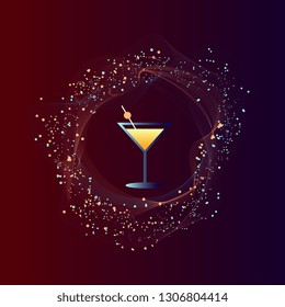 Abstract shiny swirling background with a glass of martini inside. Cocktail party concept, logo design. Vector EPS10