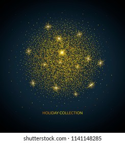 Fondo vectorial brillante abstracto. Puntos dorados y estrellas brillantes aisladas sobre fondo oscuro en forma circular. Deslumbrante brillante. Magia y espacio. Polvo y fuegos artificiales de hadas de oro.