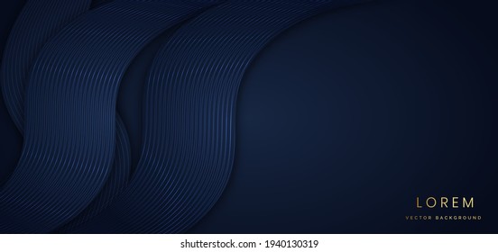Abstract shiny wave curved lines on dark blue background. Luxury concept. You can use for ad, poster, template, business presentation. Vector illustration