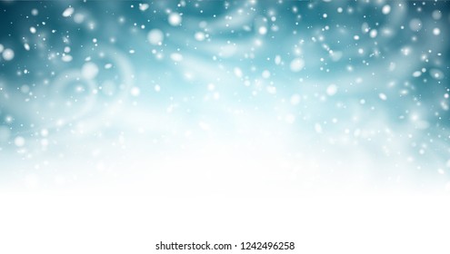 Abstract shiny winter banner with snow, wind and blizzard. Vector background.