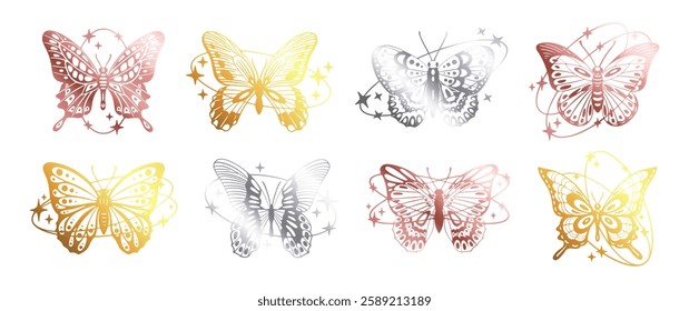 Abstract shiny y2k butterflies. Glisten foil y2k aesthetic flying insects, shiny butterfly silhouettes with oval shapes, stars and sparkles flat vector illustration set. Cartoon butterflies logos