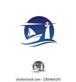 Abstract ship and lighthouse vector design icon. Marine boat transport symbol. Vector illustration EPS.8 EPS.10