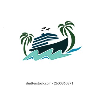 abstract ship on wave with tree palm transportation logo symbol design template illustration