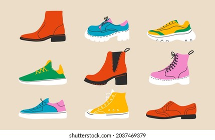 Abstract shoes icons. Set of walking boots, gym sport sneakers, hiking footwear, hand drawn isolated shoes. Vector design