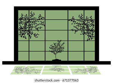 abstract shoji and plants vector illustration
japanese style window with tree and plants silhouettes
