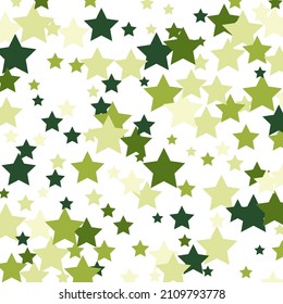 Abstract shooting star confetti. Shooting star background. White background with green, light and dark green stars. Design for poster, postcard, invitation, gifts.