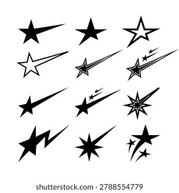 Abstract shooting star vector set. Retro Y2K starburst icons, comet symbols and dynamic sparkle shapes isolated on white background. Minimal geometric design elements for logos and branding.
